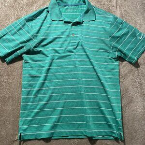 Nike Golf Shirt Mens Sz S Green White Horizontal Striped Dri Fit Polo Short Slv